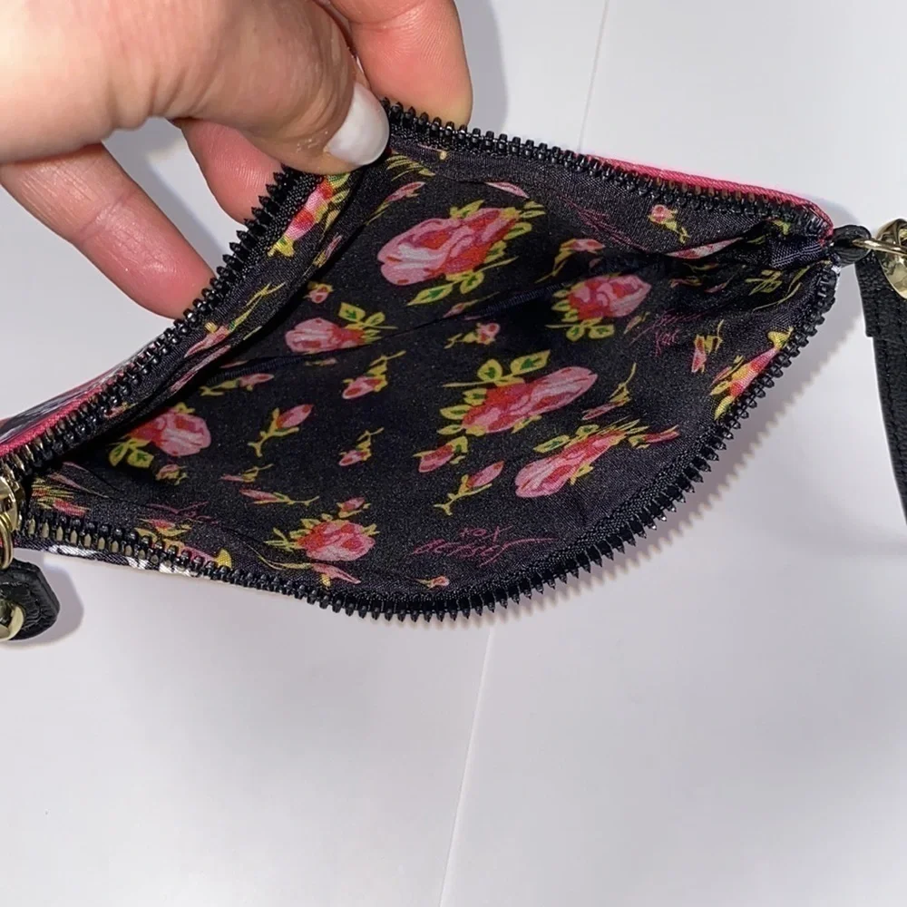 Betsy Johnson Pink Black Zip Cat Wrist Clutch Bag